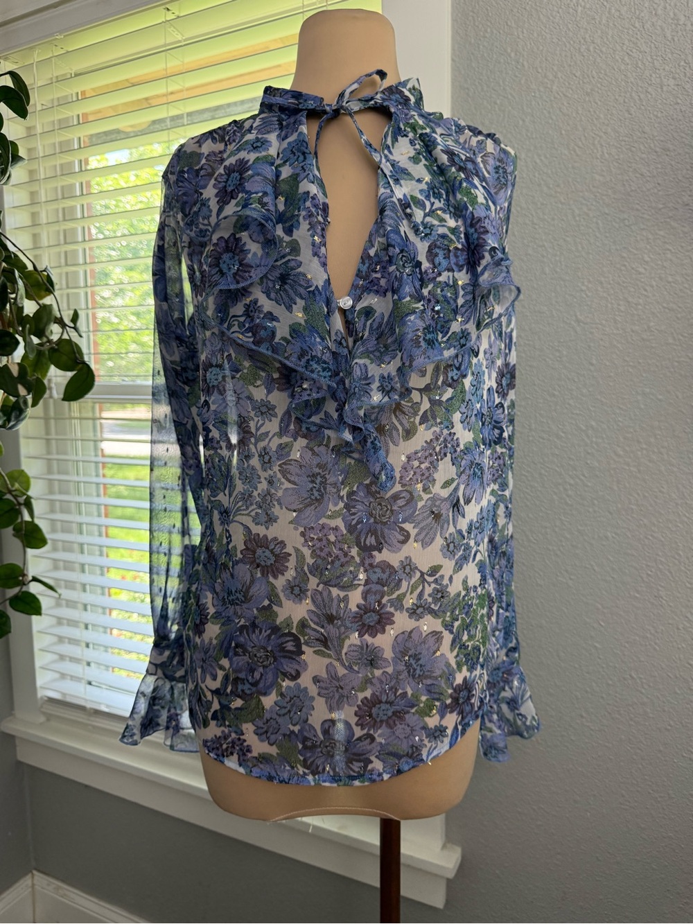Sabina Musayev Sheer Floral Ruffle Tie-Neck Blouse Size XS